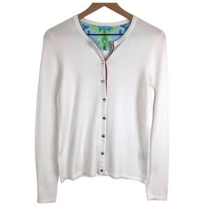 J.McLaughlin Jewel Button Cardigan Sz S White Cotton Blend Knit L/S Crew Neck